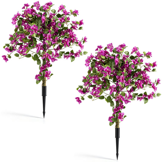 2 Pack Bougainvillea Artificial Trees with Stable Ground Spike, two purple flowering trees with green leaves and black spikes