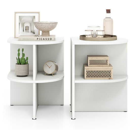 2 Pack Half Round End Table with two tiers and open shelves in white
