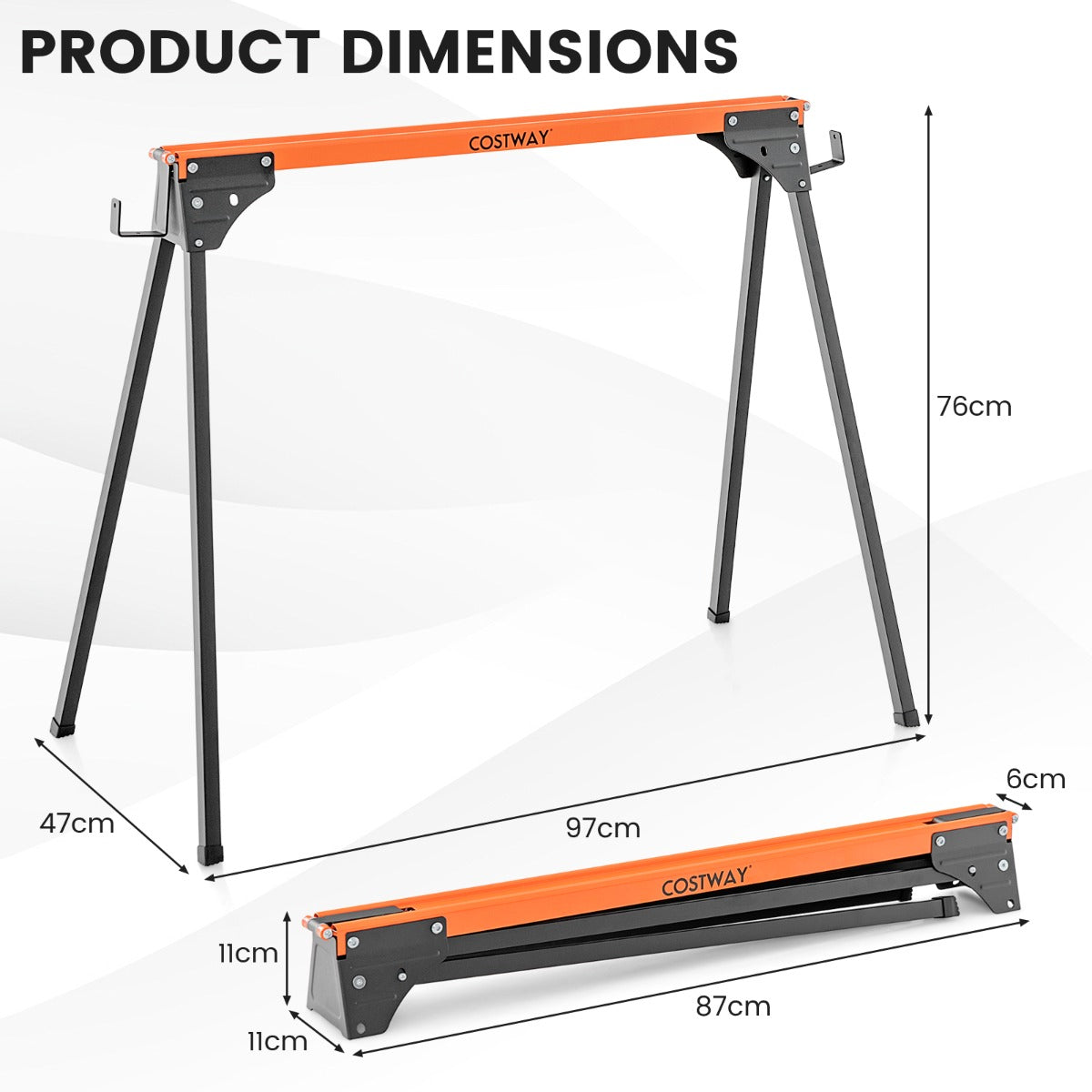 Size diagram showing dimensions of an orange and black portable saw horse work table