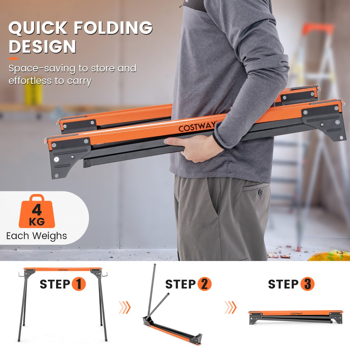 Man holding a folded orange and black portable saw horse work table with folding instructions
