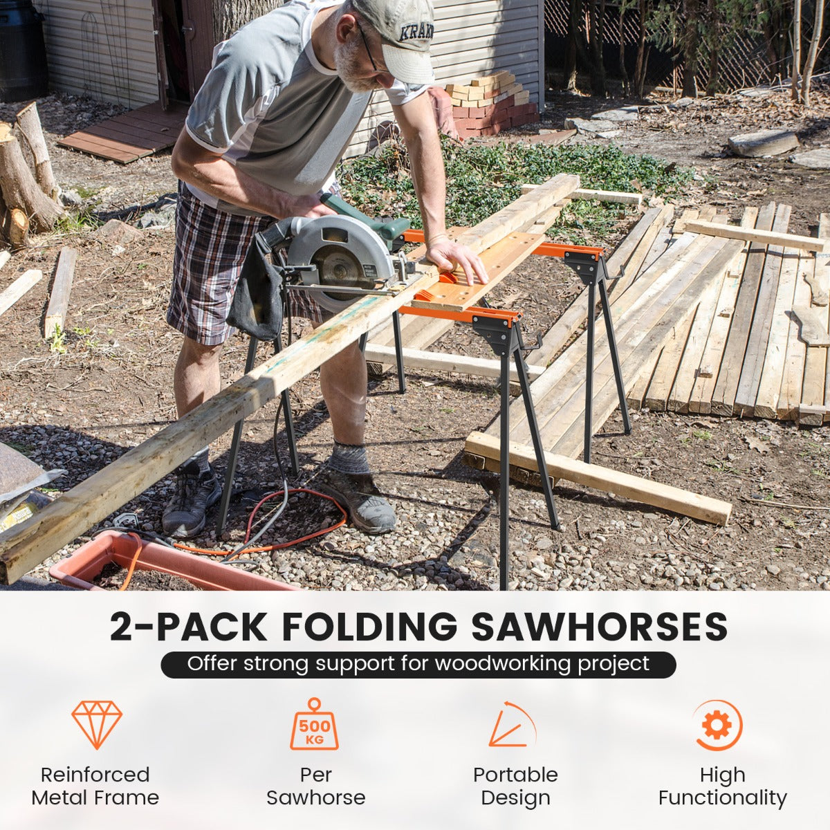 Man using a circular saw on a wooden beam supported by orange and black portable saw horse work tables