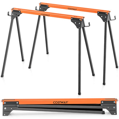 2 Pack Portable Saw Horse Work Table with quick open legs and support arms in orange and black
