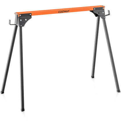 Single orange and black portable saw horse work table standing on its legs