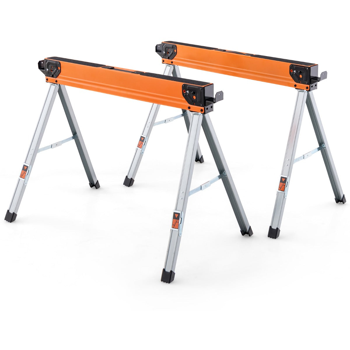 2 Pack Saw Horses with folding design, non-slip pads and orange surface