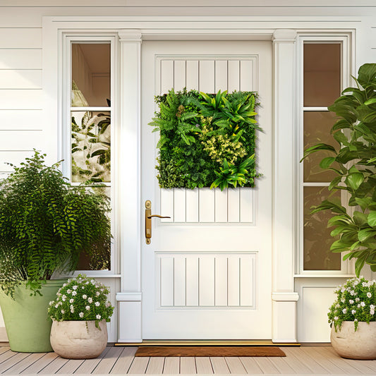 The square framed artificial foliage wall art displayed on a white front door on a balcony