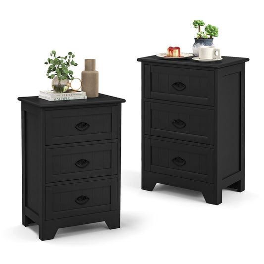 2 Pack Vintage 3-Tier Nightstand with Exquisite Metal Handles shown as a pair with decor on top