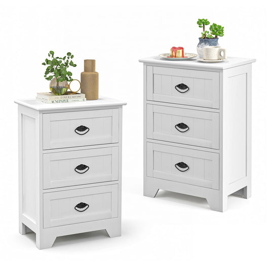 2 Pack Vintage 3-Tier Nightstand with Exquisite Metal Handles in white, shown from the front with two units side by side
