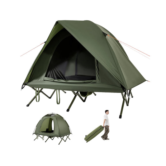 2-Person Camping Cot Tent Foldable Off-Ground Camping Combo in green, set up with a smaller tent and a person carrying the