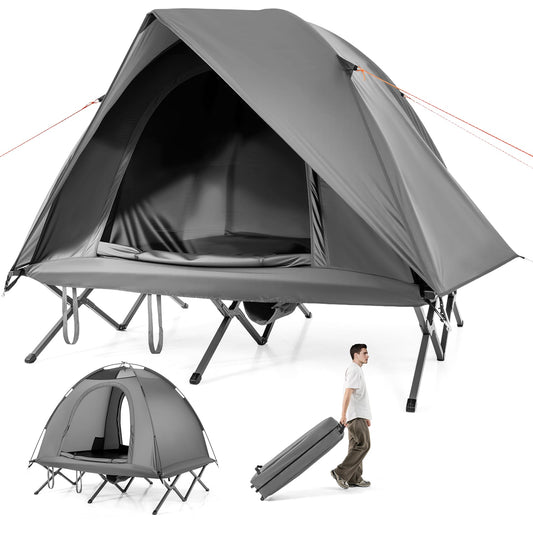 2-Person Camping Cot Tent Foldable Off-Ground Camping Combo set up with a person carrying the folded tent
