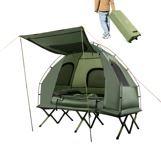 2-Person Camping Tent Cot Folding Camping Bed with Sleeping Bag set up outdoors