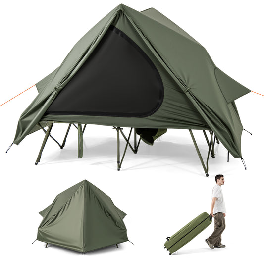 2-Person Foldable Off-Ground Camping Cot Tent with Wheeled Bag set up with a smaller tent beside it