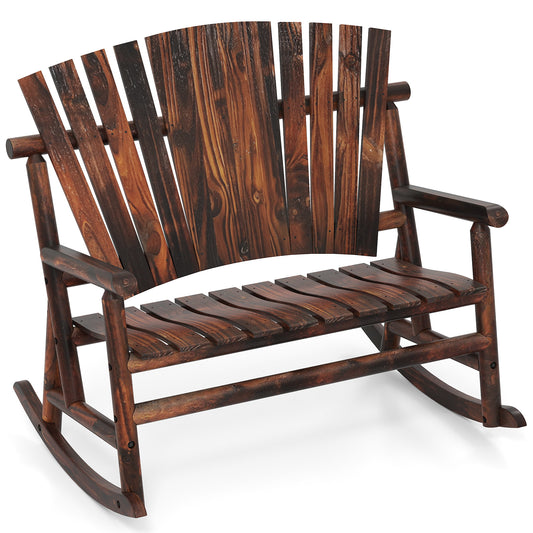 2-Person Outdoor Adirondack Rocking Chair with high back and slatted seat in brown wood finish