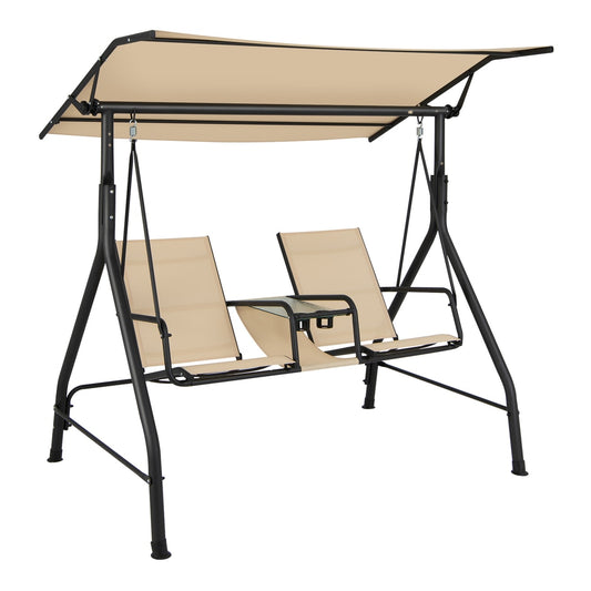 2 Person Outdoor Patio Swing with adjustable canopy and beige seats