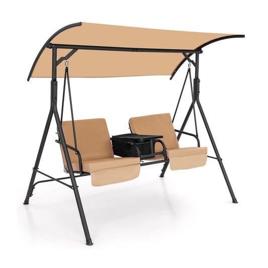 2 Person Outdoor Porch Swing with a brown canopy and a central cooler bag on a white background
