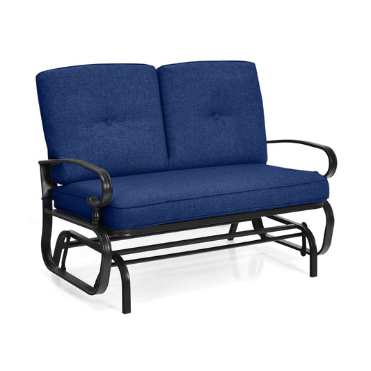 2-Person Patio Glider Chair with Cushions in blue fabric with black metal frame