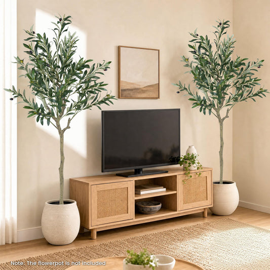 Artificial olive tree in a modern living room next to a television cabinet