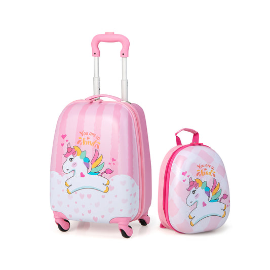 2 Piece Kids Luggage Set with spinner wheels and lightweight design in pink with unicorn design