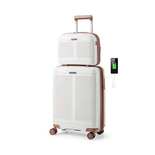2-Piece Luggage Set in white with a cosmetic case stacked on top of a suitcase with a charging cable