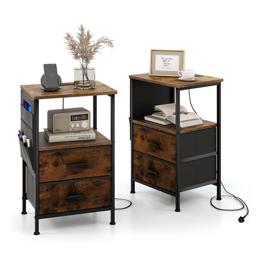 2-Piece Nightstand with charging station and USB ports in rustic brown