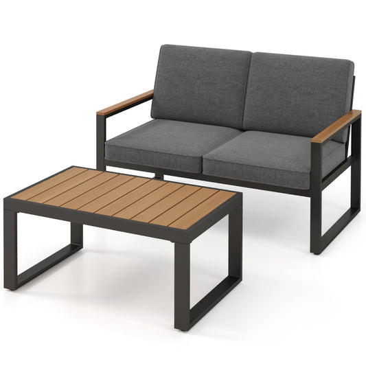 2 Piece Patio Aluminum Furniture Set with grey cushions and a low coffee table on a white background