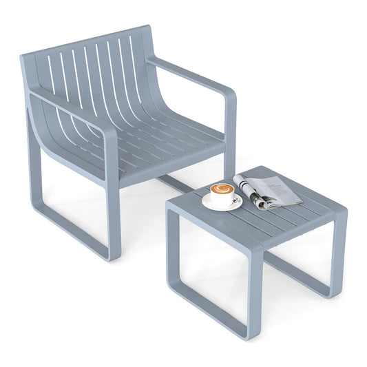 2 Piece Patio Furniture Set with Square Coffee Table in grey with a modern slatted design