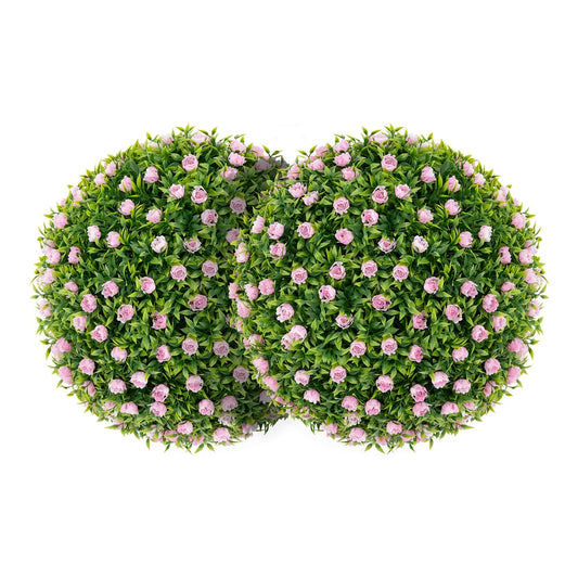 2 Pieces Artificial Plant Topiary Balls with Pink Flowers, a pair of green balls with small pink flowers