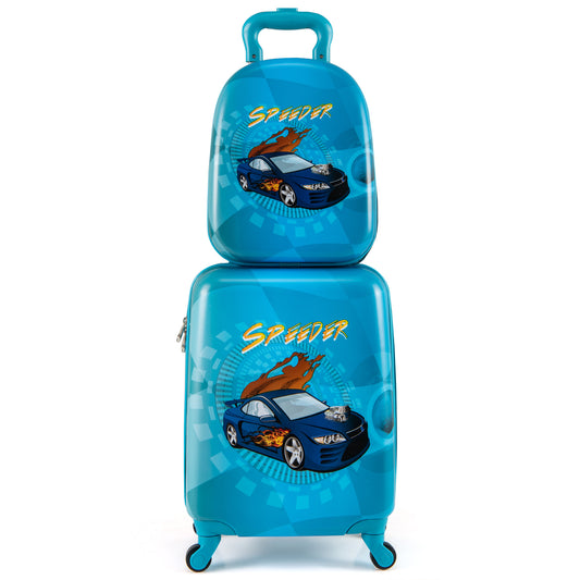 2 Pieces Kid Luggage Set with a small backpack stacked on top of a wheeled suitcase