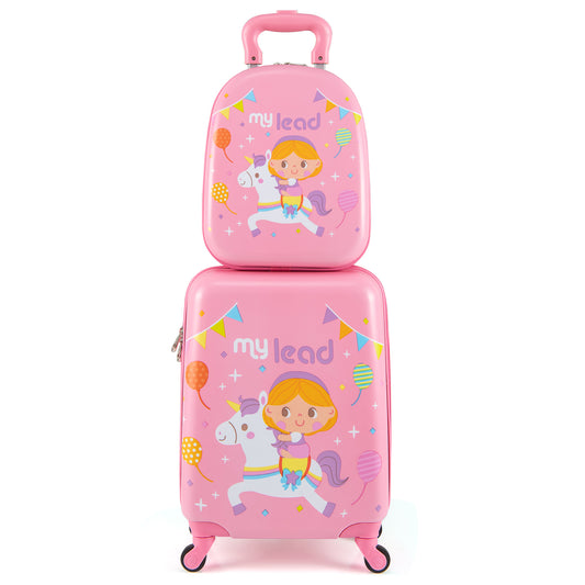 2 Pieces Kid Luggage Set with a small backpack on top of a larger suitcase, both pink with unicorn design