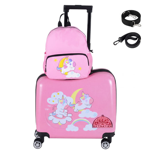2 Pieces Kid Luggage Set with spinner wheels and lanyard for carry strap in pink