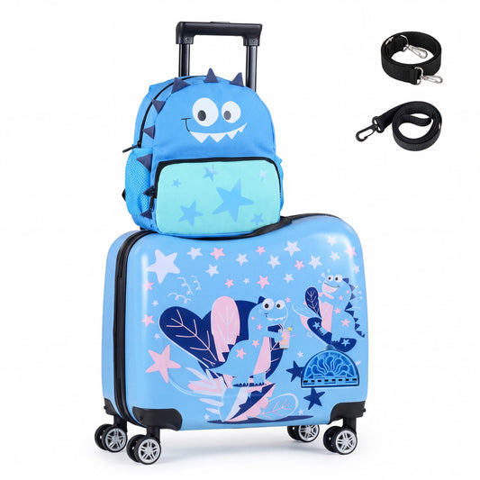 2 Pieces Kid Luggage Set with spinner wheels and lanyard for carry strap in blue with a dinosaur design