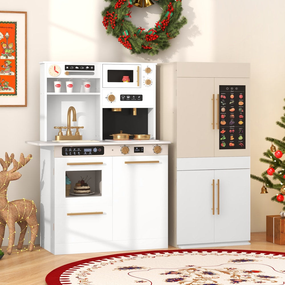 The play kitchen refrigerator combination set up in a festive room with Christmas decorations