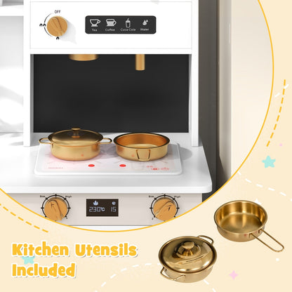 Close up of the play kitchen hob and included brass kitchen utensils