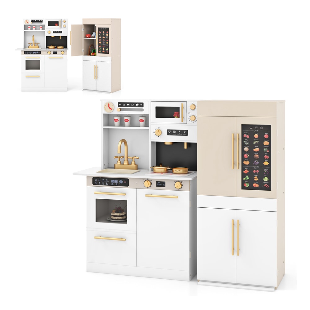 A white play kitchen and refrigerator combination with a smaller inset view