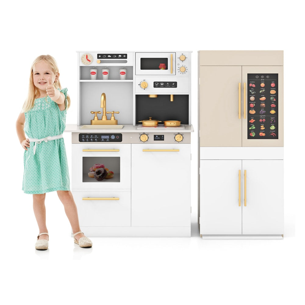 2 Pieces Kids Kitchen Playset Play Kitchen Refrigerator Combination with a child giving a thumbs up