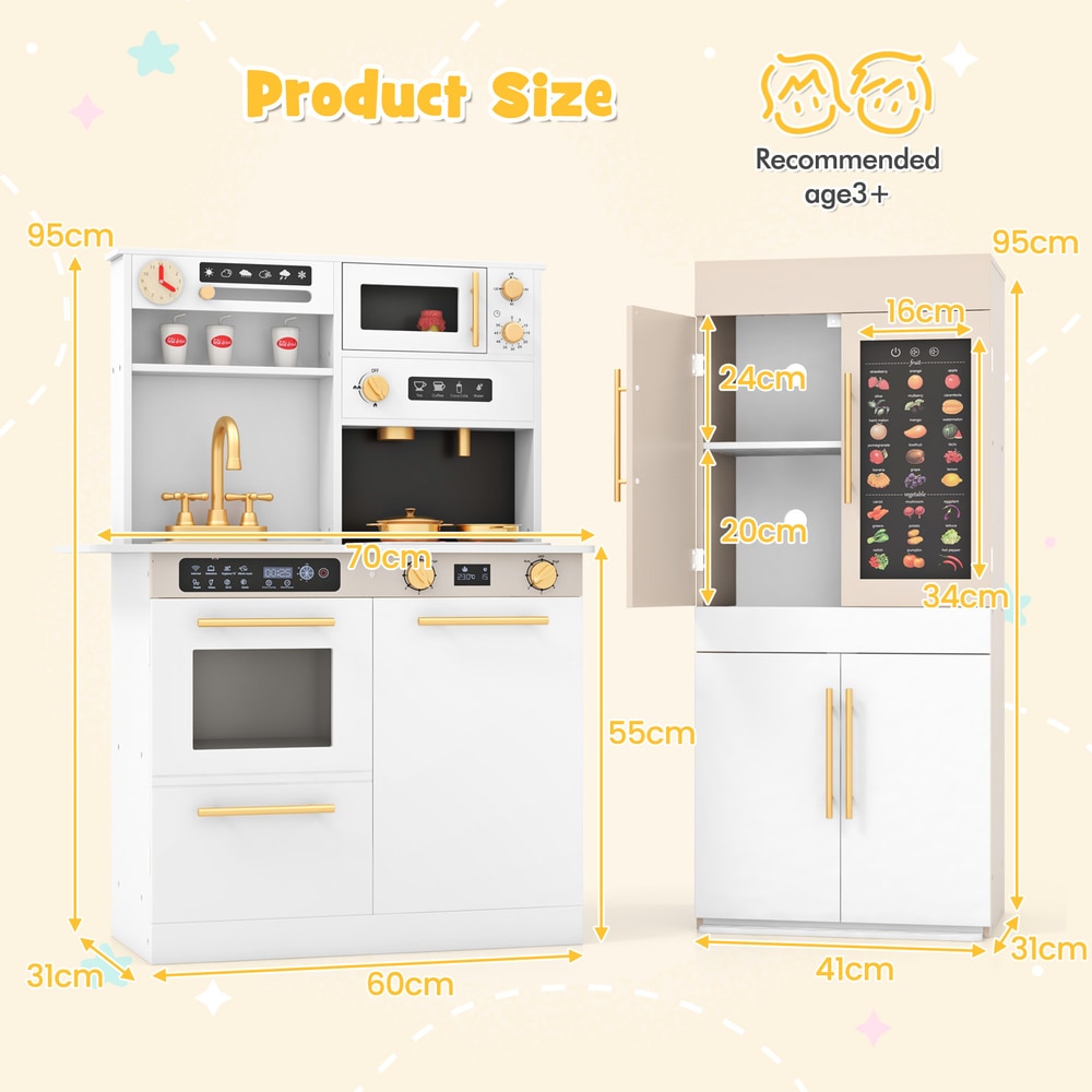 Product size diagram for the white play kitchen and refrigerator combination