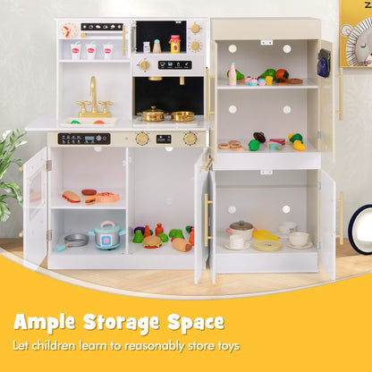 The play kitchen and refrigerator with doors open showing ample storage space