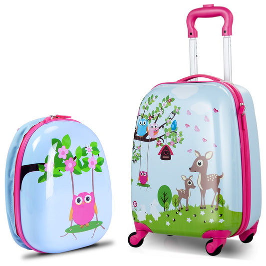 2 Pieces Kids Luggage Set with a rolling suitcase and a backpack featuring a forest scene with owls and deer