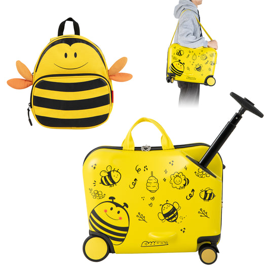 Yellow kids luggage set with bee design, showing the suitcase and backpack