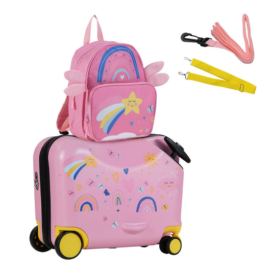 2 Pieces Kids Luggage Set in light pink with rainbow patterns and two detachable straps