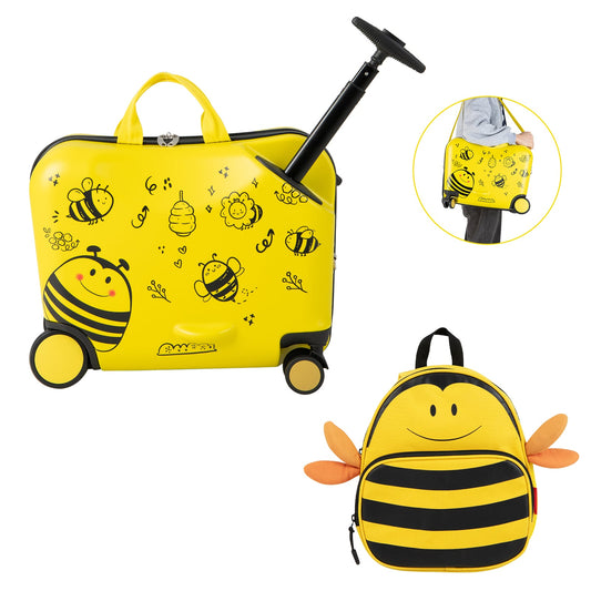 2 Pieces Kids Luggage Set with spinner wheels and anti-lose rope in yellow with bee design