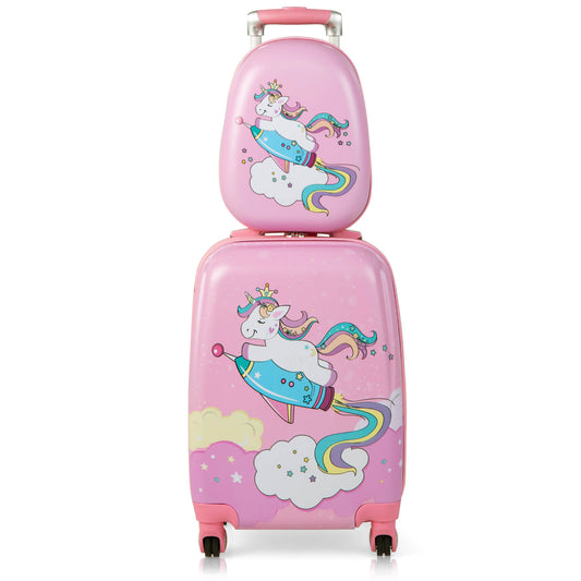 2 Pieces Kids Luggage Set with spinner wheels and unicorn graphic on a pink background