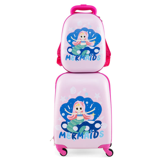 2 Pieces Kids Luggage Set with a light purple suitcase and matching backpack featuring mermaid prints