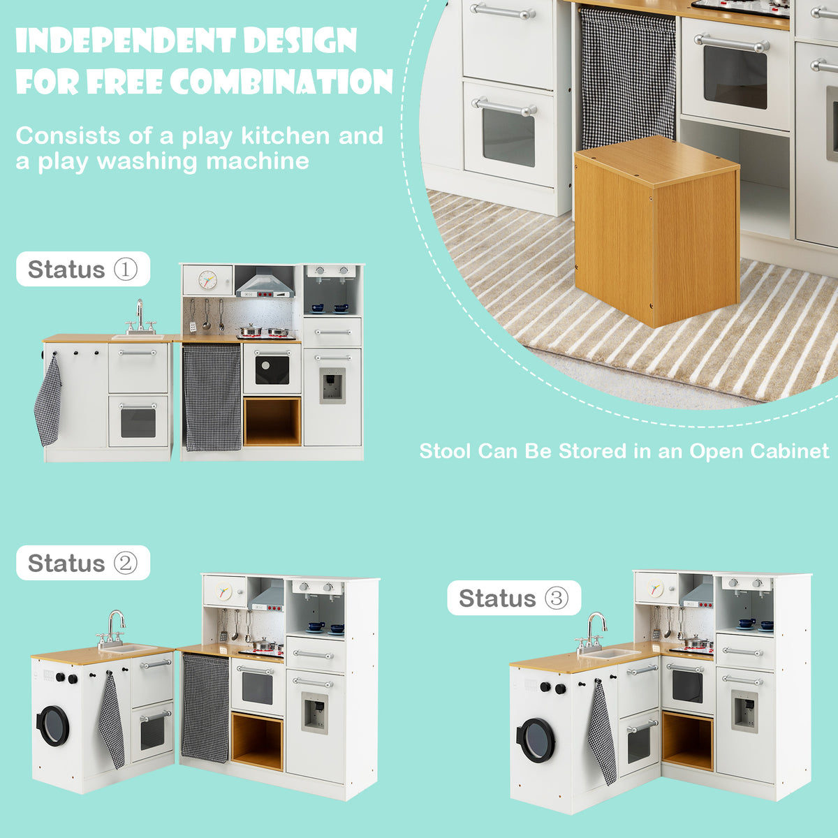 Different configurations of the play kitchen set and stool