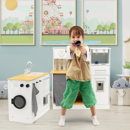 A child plays with a toy kettle in front of the play kitchen set