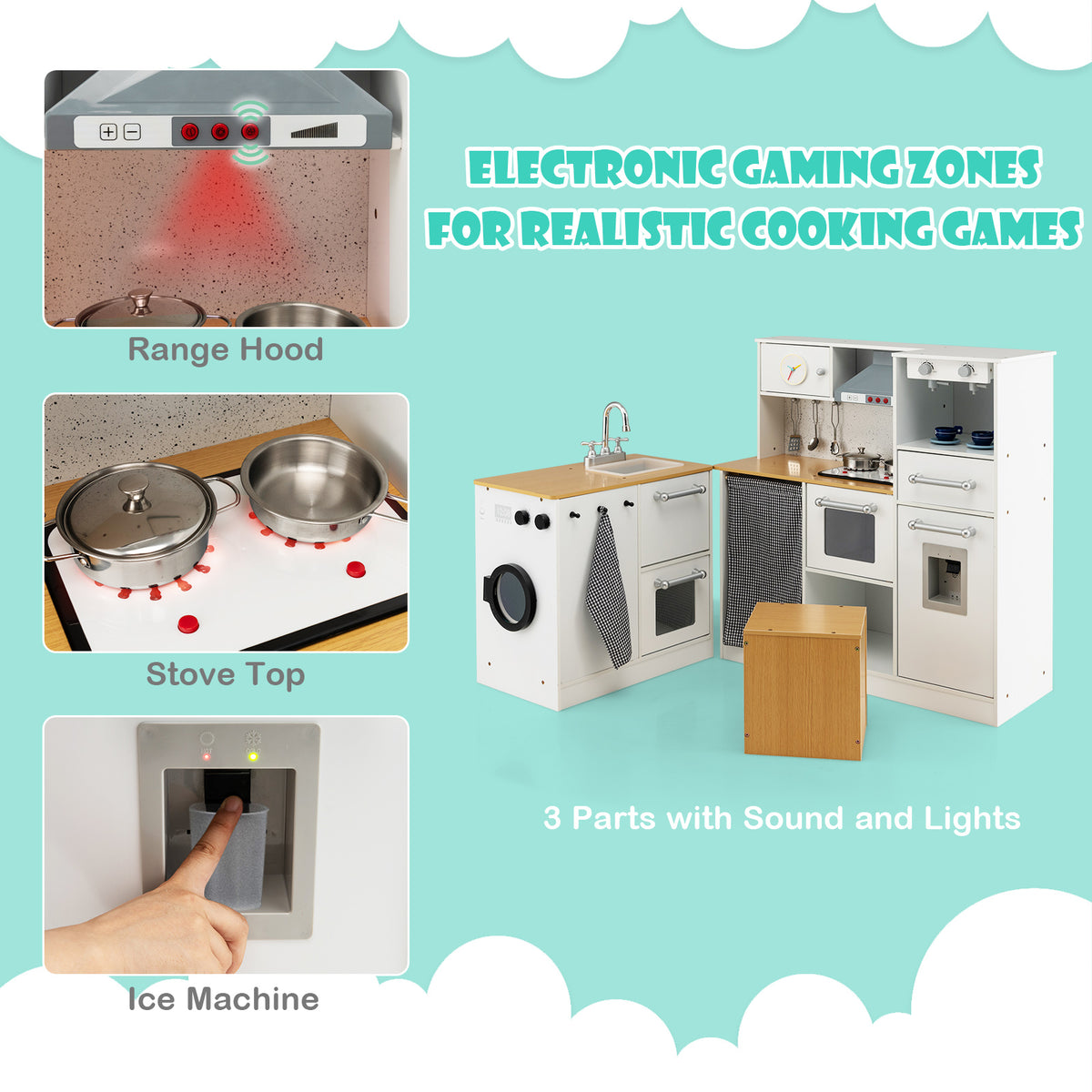Close up of the play kitchen's range hood and ice machine with sound effects