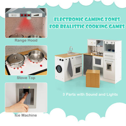 Close up of the play kitchen's range hood and ice machine with sound effects