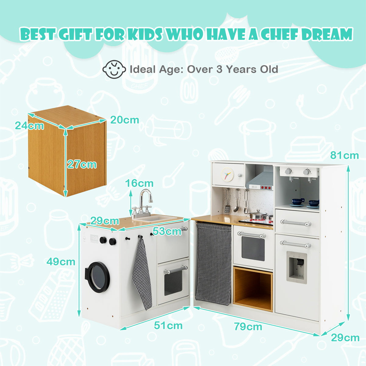 Dimensions of the play kitchen set and stool