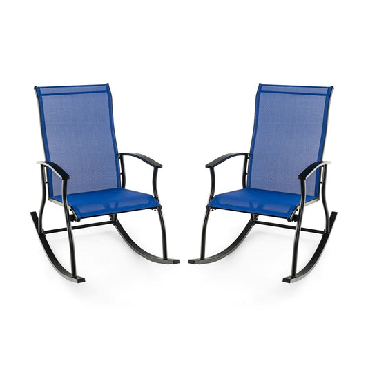 2 Pieces Outdoor Rocking Chairs with Breathable Backrest in navy blue fabric and black metal frames