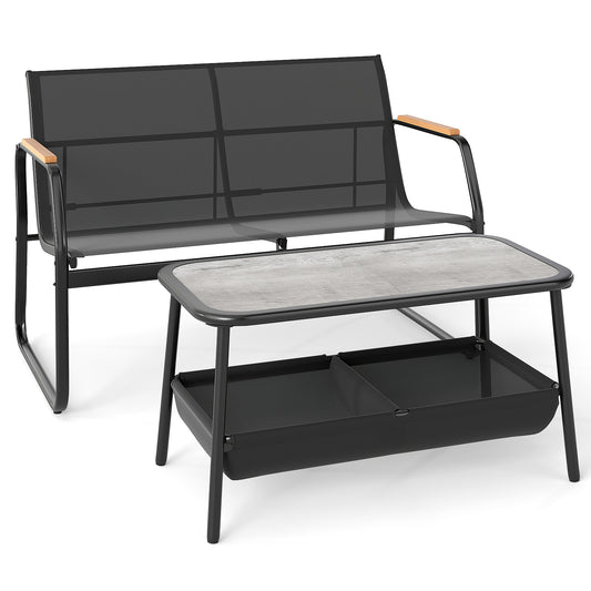 2 Pieces Patio Furniture Set with 2 Storage Compartments in black, a loveseat and a coffee table with storage