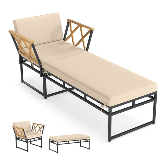 2 Pieces Patio Furniture Set with cushion and acacia wood armrests in brown
